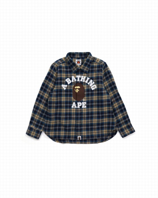 Camasa Bape College Flannel Check Copii Albastri Inchis | VPNTAB763