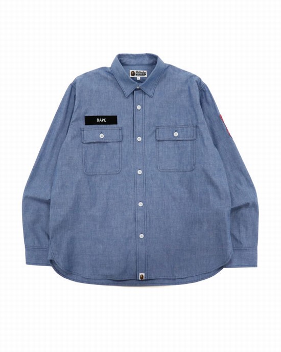 Camasa Bape Military Patch Relaxed Fit Chambray Barbati Albastri Deschis | IRLKOM852