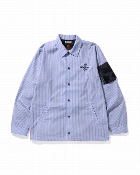 Camasa Bape Thomas Mason Stripe Coach Barbati Albastri | BJWVZX309