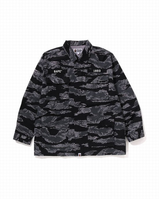 Camasa Bape Tiger Camo Relaxed Fit Military Barbati Negrii | EZYOQG458