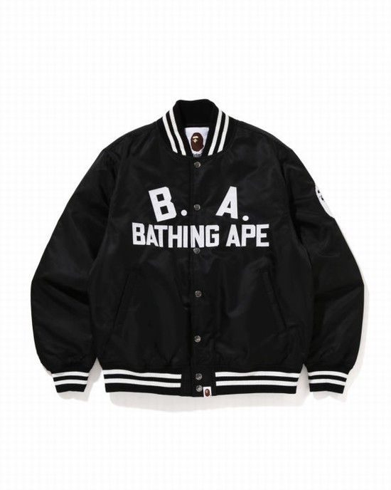 Geaca Bape B.A Nailon Varsity Barbati Negrii | FPSXEZ235