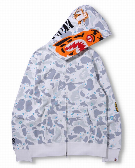 Hanorac Cu Gluga Bape Space Camo Tiger Full Zip Barbati Albi | JRMSDI825