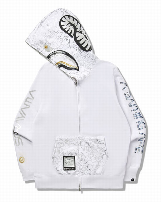 Hanorac Cu Gluga Bape X Hajime Sorayama Shark Full Zip Barbati Albi | FAGZOW329