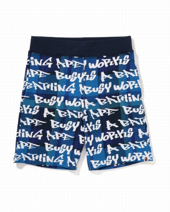 Pantaloni Scurti Bape Graffiti Check Barbati Albastri | HJRPOB256