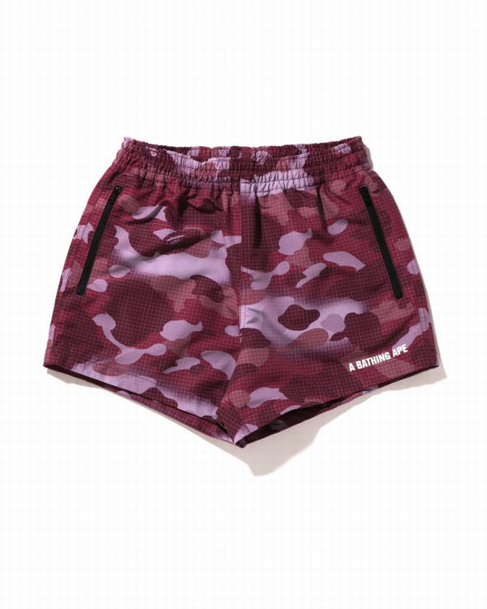 Pantaloni Scurti Bape Grid Camo Dama Rosii Inchis | JHDAOW682