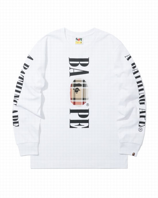 Tricouri Bape Check Head long sleeve Barbati Albi | DAPWKZ632