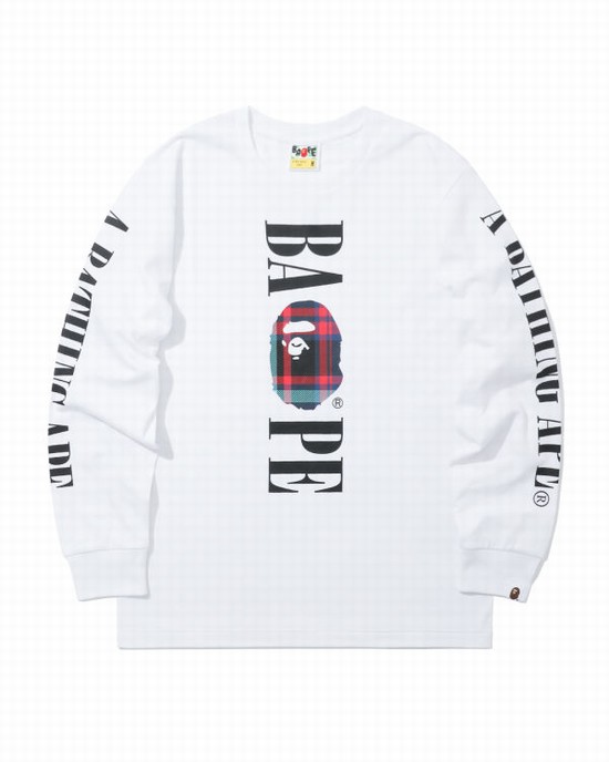 Tricouri Bape Check Head long sleeve Barbati Albi | NIWHZM765