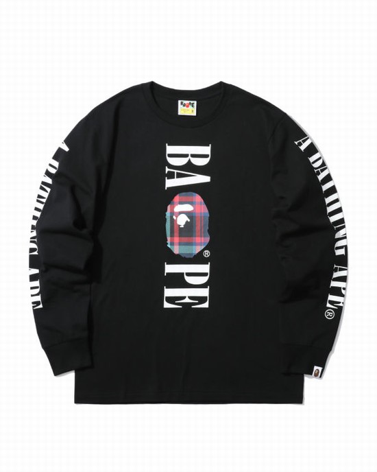 Tricouri Bape Check Head long sleeve Barbati Bleumarin Albastri | OHGQTV940