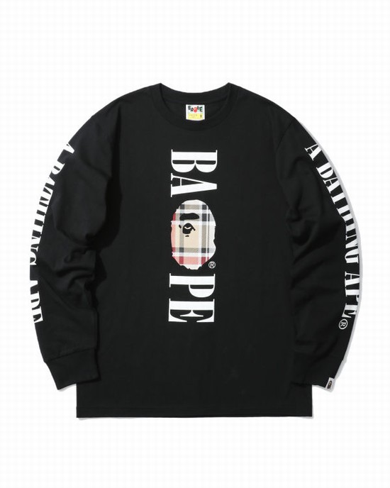 Tricouri Bape Check Head long sleeve Barbati Bej | ZXFATU709