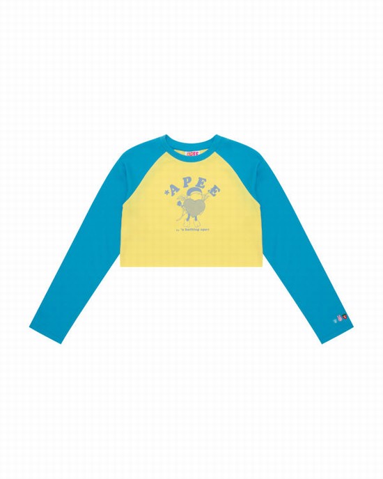 Tricouri Bape Grafice long sleeve raglan Dama Albastri | YONWUX136