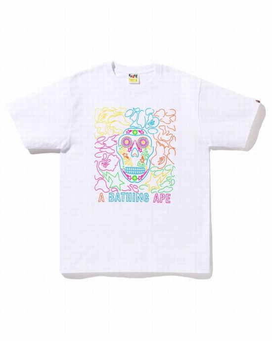 Tricouri Bape Halloween Neon Mexican Skull Barbati Albi | SAQEIL315
