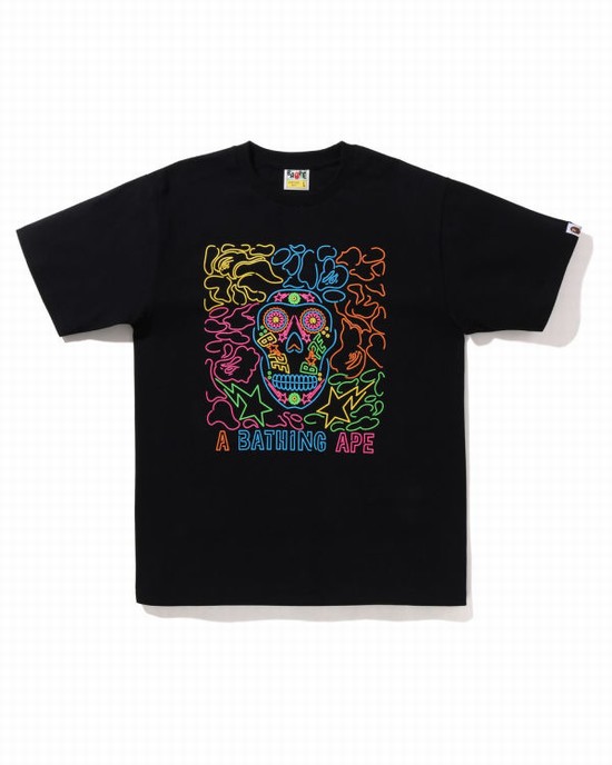 Tricouri Bape Halloween Neon Mexican Skull Barbati Negrii | ZWPTCE796