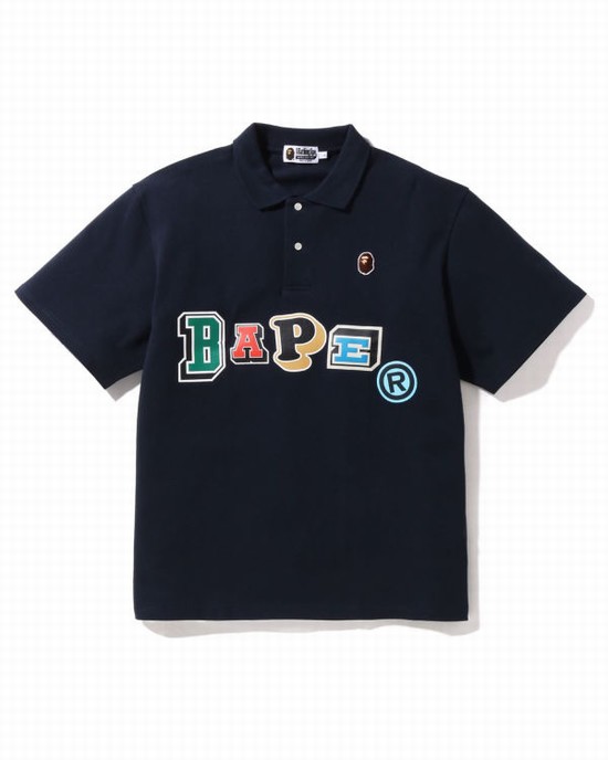 Tricouri Bape Multi Fonts Relaxed Fit Polo Barbati Bleumarin Albastri | PRKOSY213
