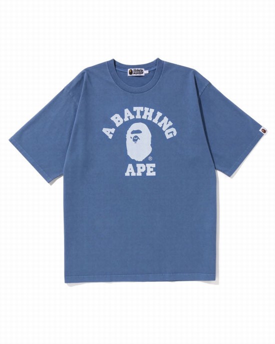 Tricouri Bape Pigment Dyed College Relaxed Fit Barbati Bleumarin Albastri | XHERCS204