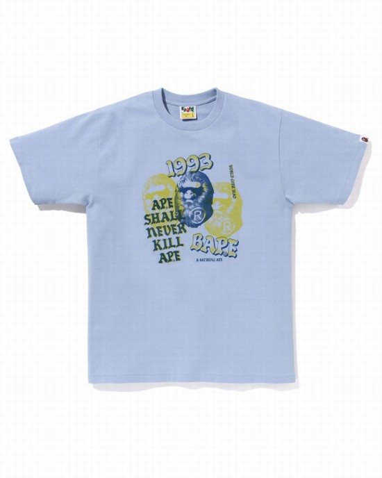 Tricouri Bape Pigment Three Ape Head Barbati Albastri Deschis | UHSCJO834