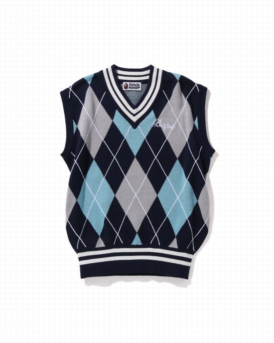 Vesta Bape Embroidery Argyle Dama Albastri | EJMWSI109